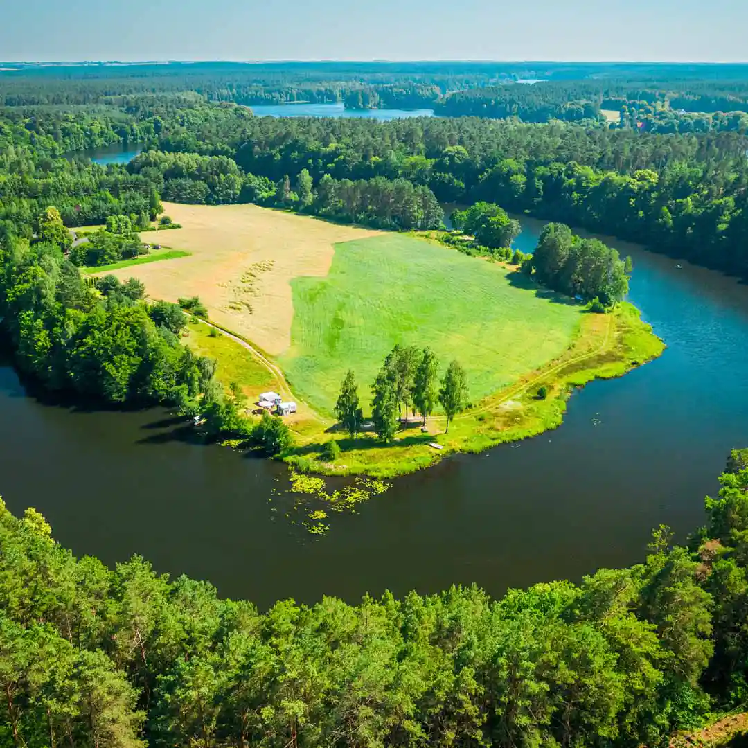 A plot of land with trees near the river